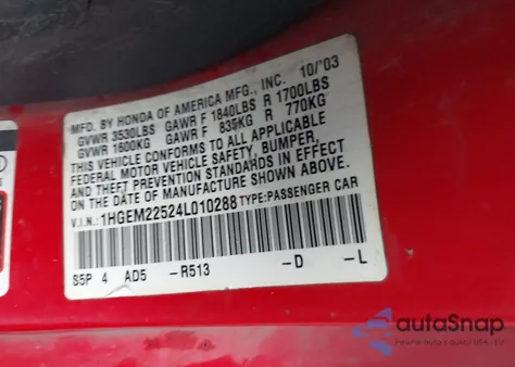 2004 Honda Civic Lx z USA, uszkodzony, nr VIN 1HGEM22524L010288